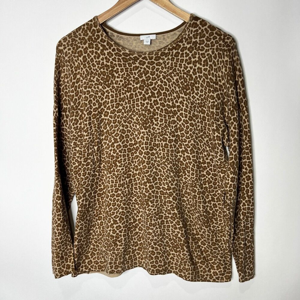 J Jill Long Sleeve Shirt Top Cheetah Print Tan Brown Knit Women's Size Medium